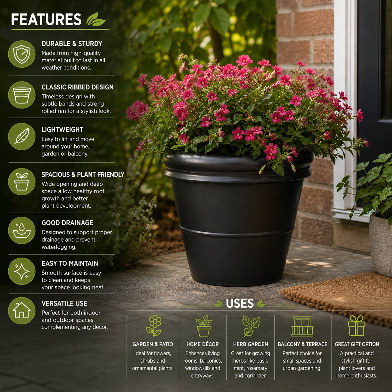 Conical XL Black Planter – Large Decorative Garden Pot