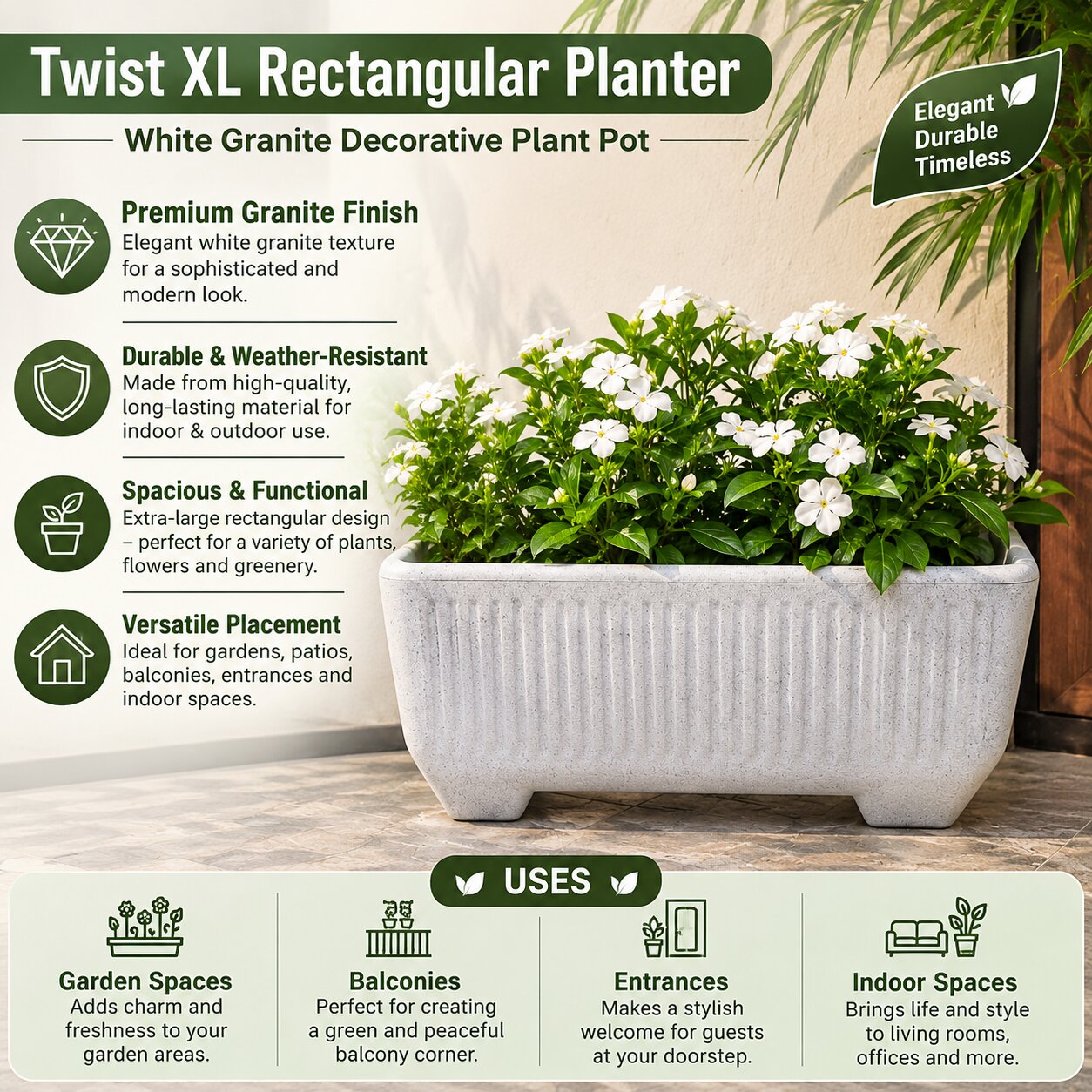 Twist XL Rectangular Planter – White Granite