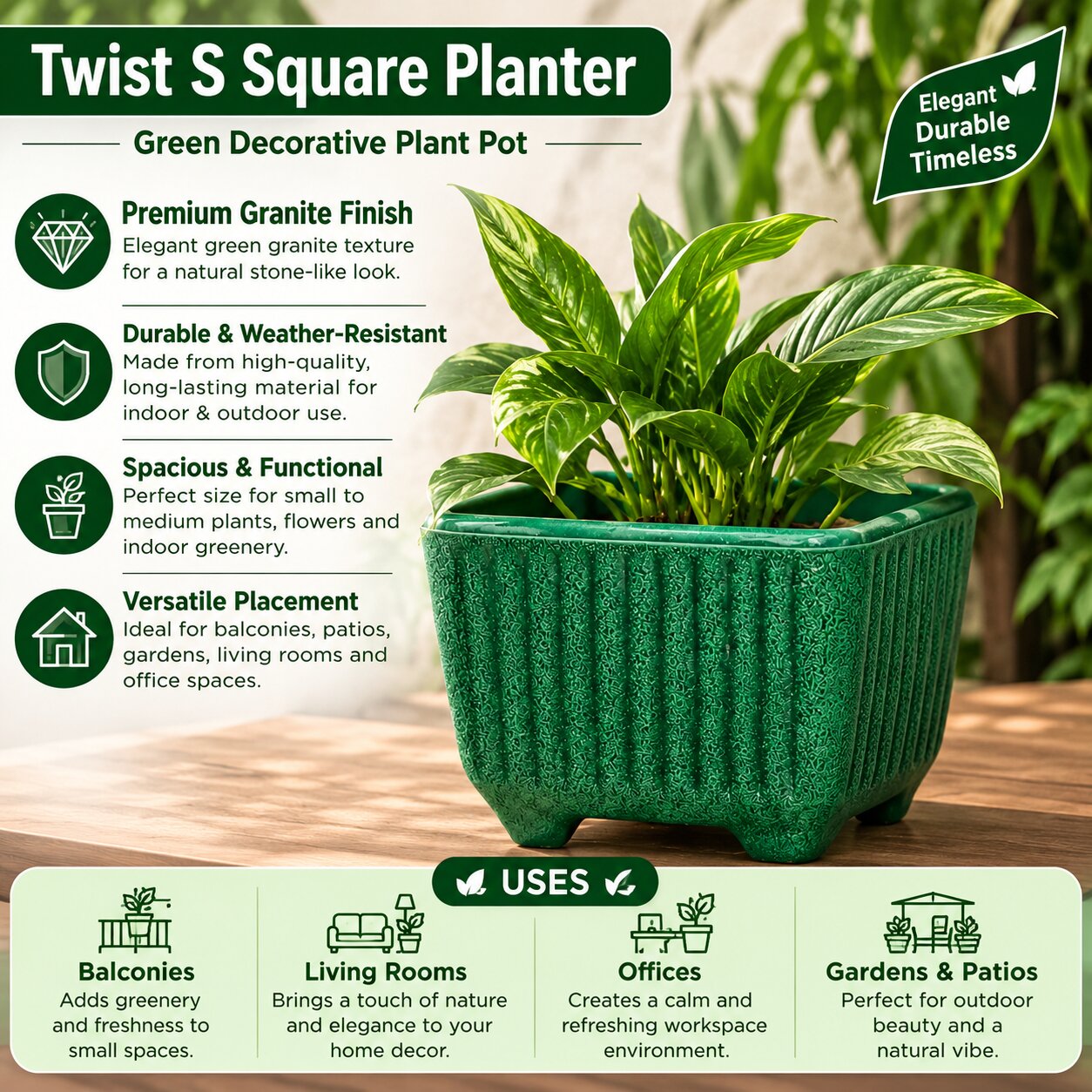 Twist S Square Planter – Green