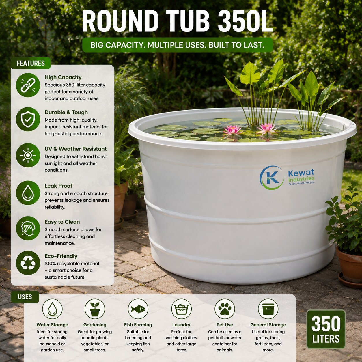 Round Tub 350L – Large Capacity Plastic Utility Tub