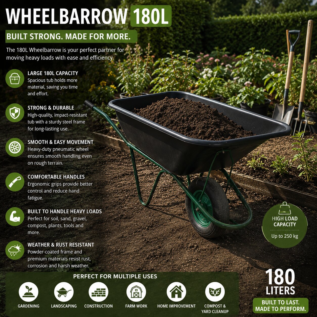 Wheelbarrow 180L – Heavy-Duty Garden & Construction Trolley